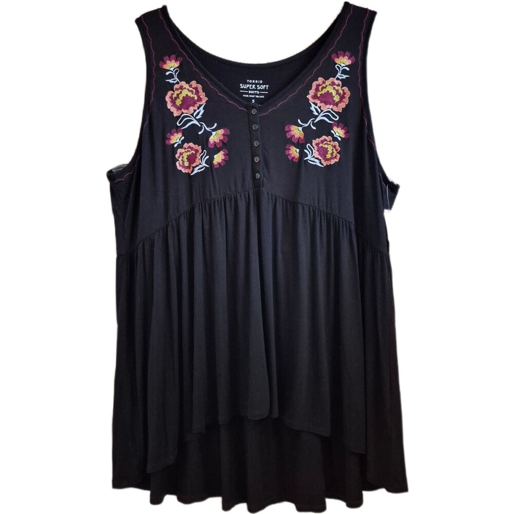 Torrid Women's Top Size 5 Black Floral Soft Flattering High-Low Relaxed Tank NWT